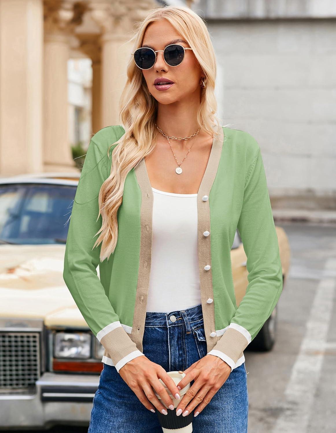 imageGRACE KARIN Womens Cardigan Sweaters Lightweight Long Sleeve Cropped Cardigan Spring Summer Fashion Clothing Outfits ShrugLight Green
