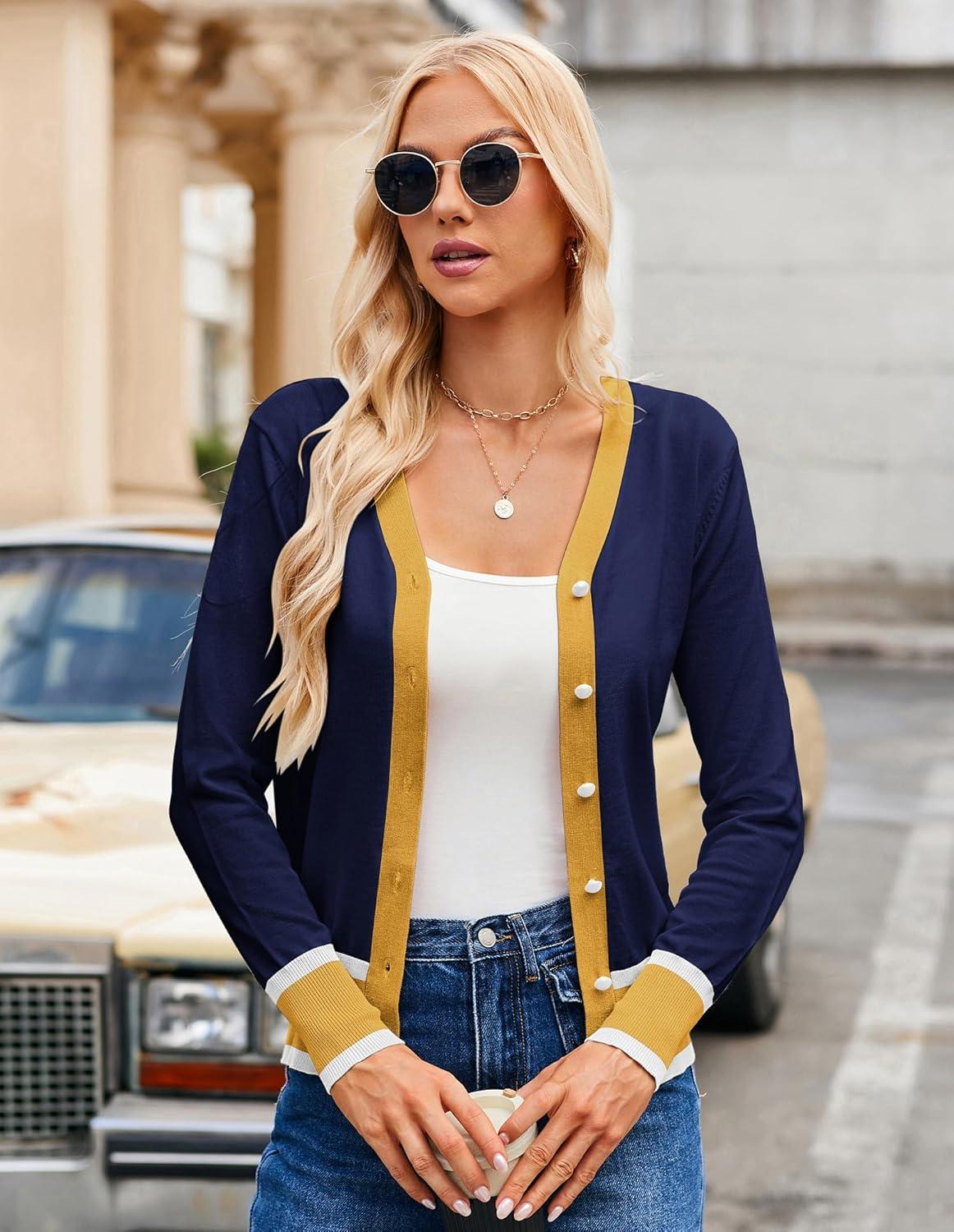 imageGRACE KARIN Womens Cardigan Sweaters Lightweight Long Sleeve Cropped Cardigan Spring Summer Fashion Clothing Outfits ShrugNavy Yellow