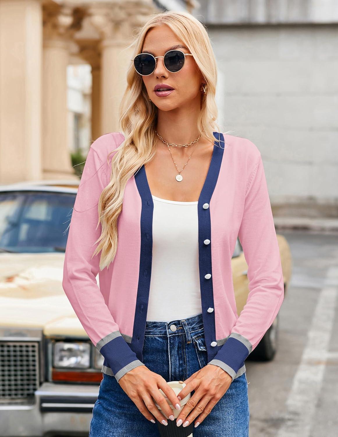 imageGRACE KARIN Womens Cardigan Sweaters Lightweight Long Sleeve Cropped Cardigan Spring Summer Fashion Clothing Outfits ShrugPink Navy