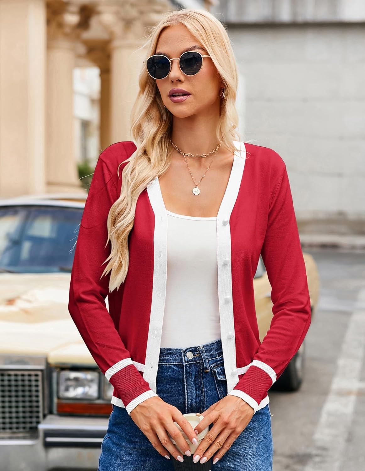 imageGRACE KARIN Womens Cardigan Sweaters Lightweight Long Sleeve Cropped Cardigan Spring Summer Fashion Clothing Outfits ShrugRed White