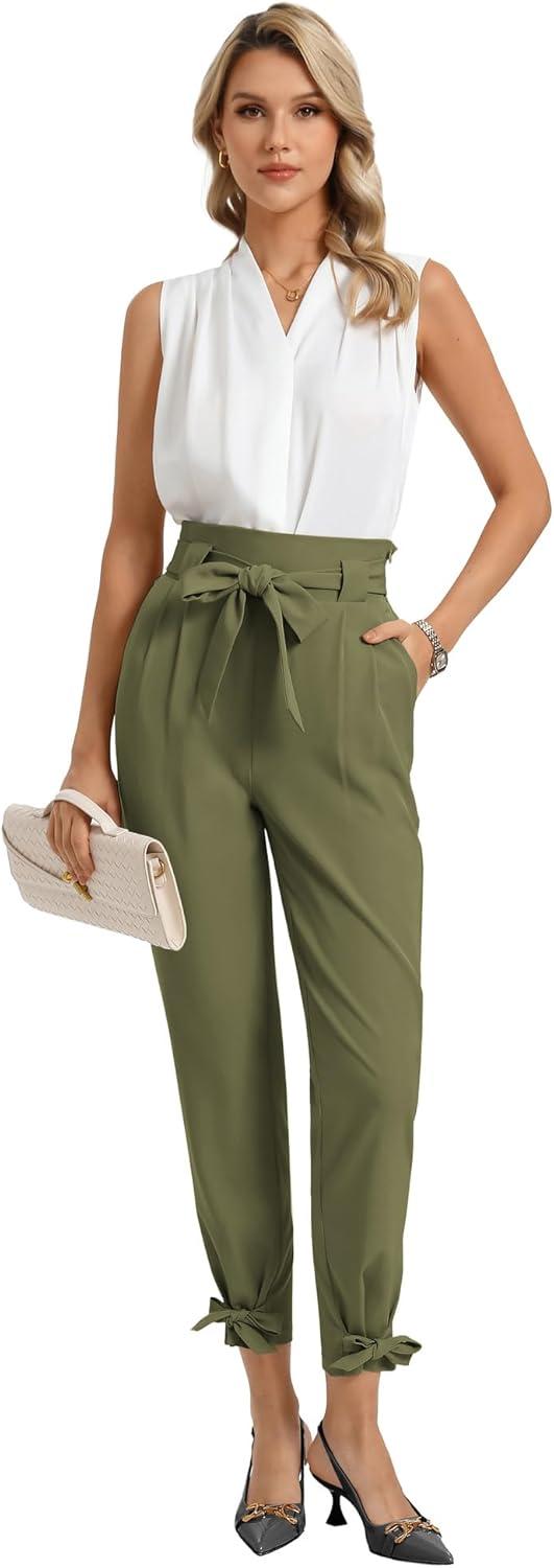 imageGRACE KARIN Womens Casual High Waist Pencil Pants with Pockets BowKnot Cropped Paper Bag Pants for WorkArmy Green
