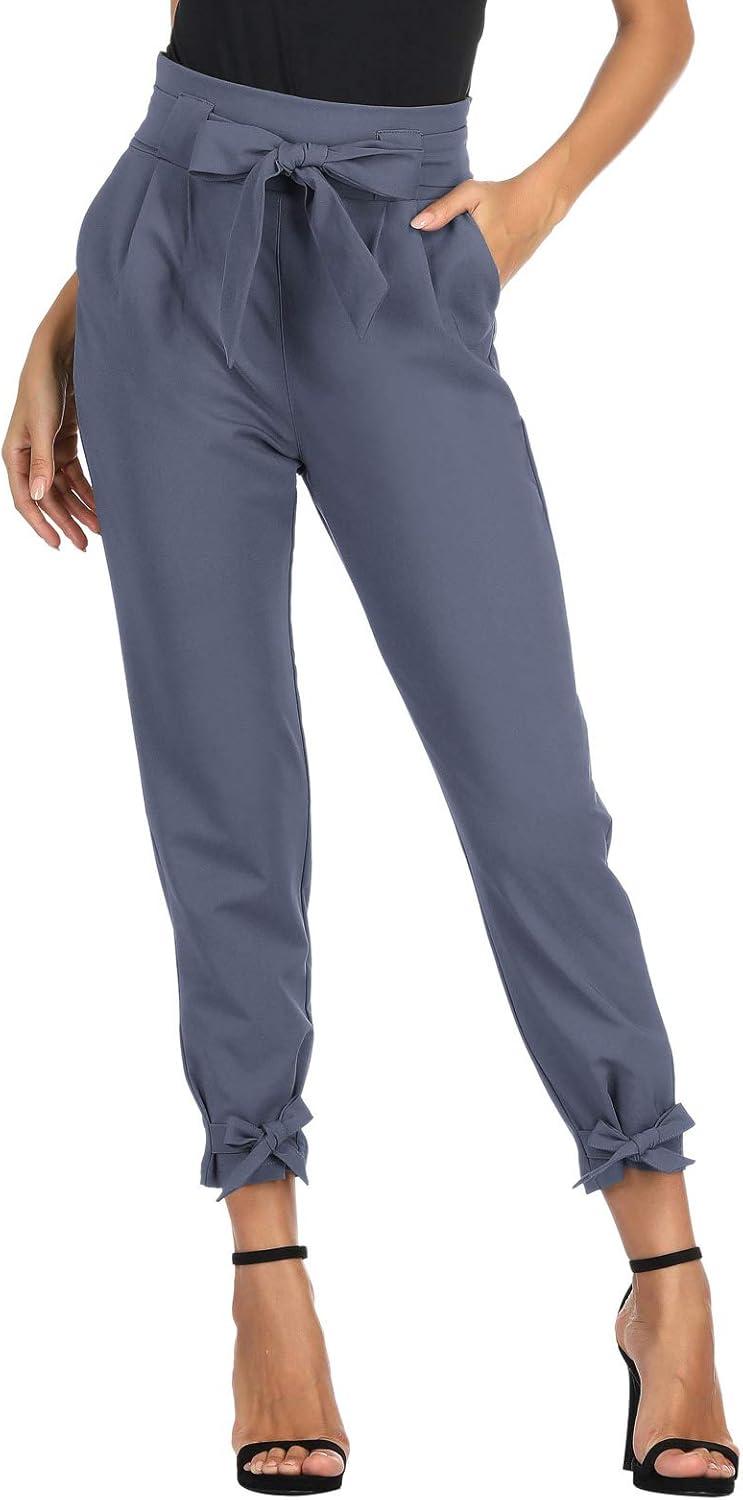 imageGRACE KARIN Womens Casual High Waist Pencil Pants with Pockets BowKnot Cropped Paper Bag Pants for WorkBluegray