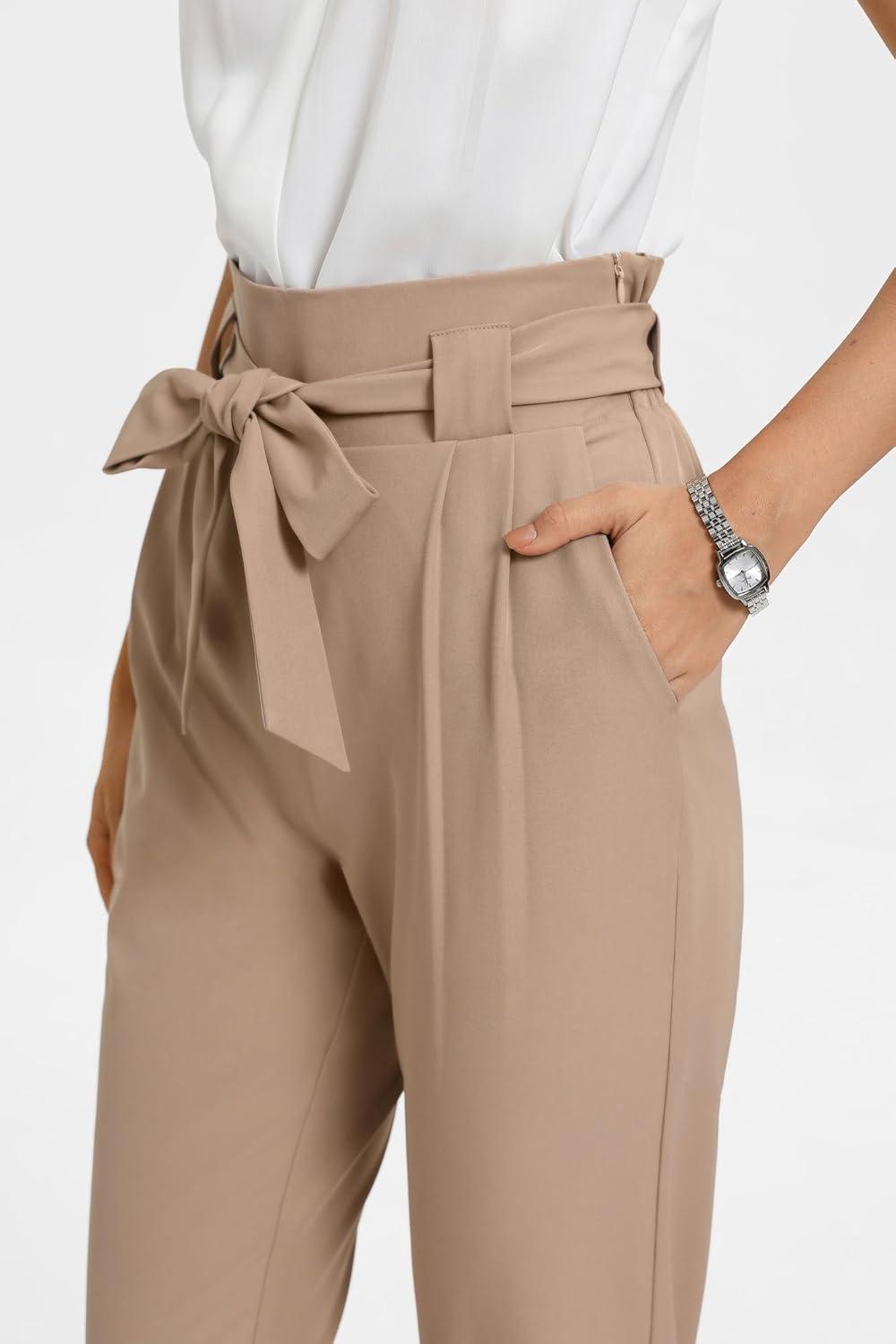 imageGRACE KARIN Womens Casual High Waist Pencil Pants with Pockets BowKnot Cropped Paper Bag Pants for WorkCamel