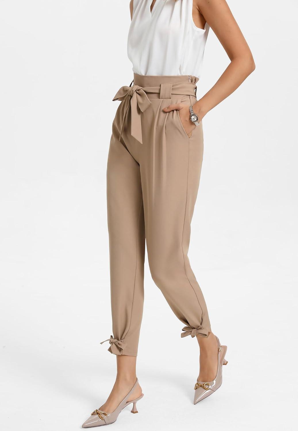 imageGRACE KARIN Womens Casual High Waist Pencil Pants with Pockets BowKnot Cropped Paper Bag Pants for WorkCamel