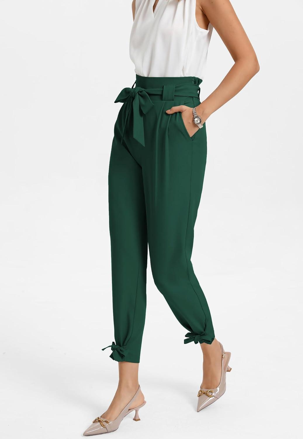 imageGRACE KARIN Womens Casual High Waist Pencil Pants with Pockets BowKnot Cropped Paper Bag Pants for WorkDark Green