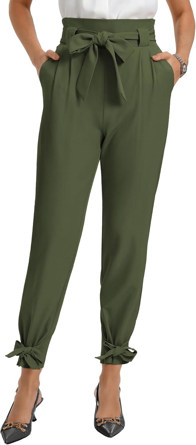 imageGRACE KARIN Womens Casual High Waist Pencil Pants with Pockets BowKnot Cropped Paper Bag Pants for WorkDark Olive Green
