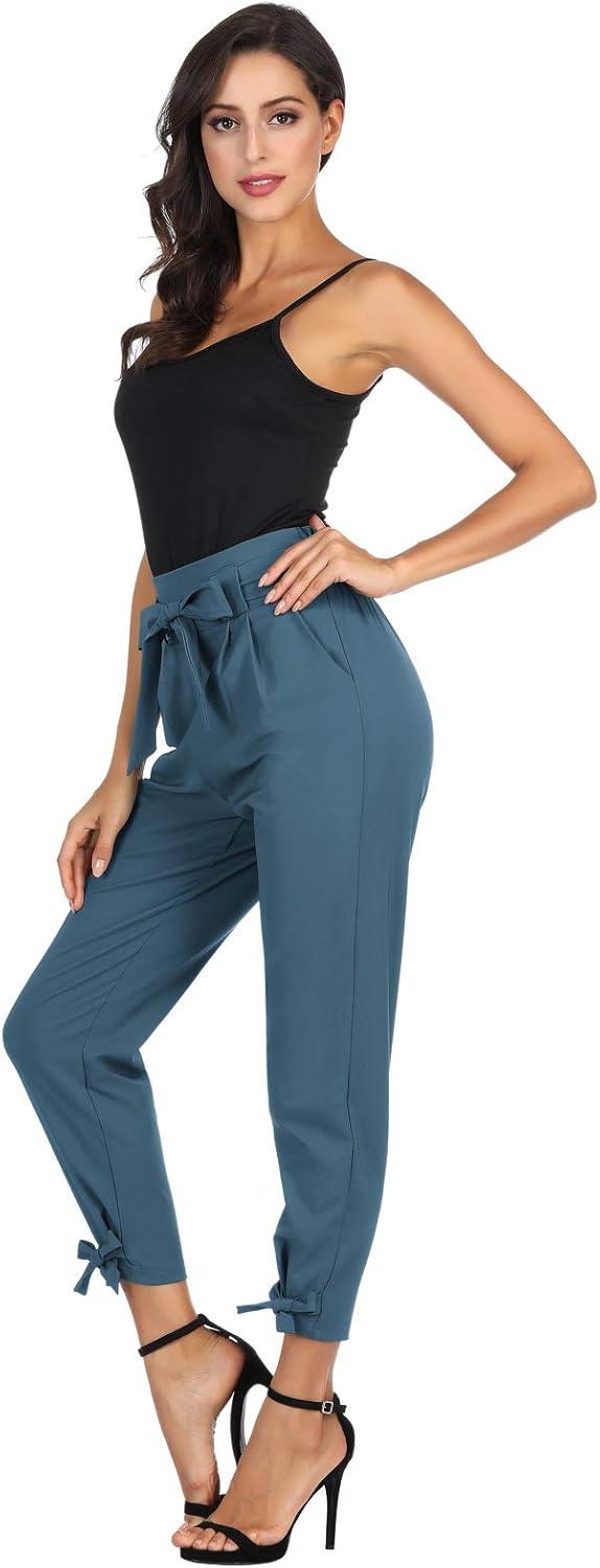 imageGRACE KARIN Womens Casual High Waist Pencil Pants with Pockets BowKnot Cropped Paper Bag Pants for WorkDeep Blue Haze
