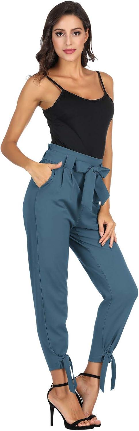 imageGRACE KARIN Womens Casual High Waist Pencil Pants with Pockets BowKnot Cropped Paper Bag Pants for WorkDeep Blue Haze