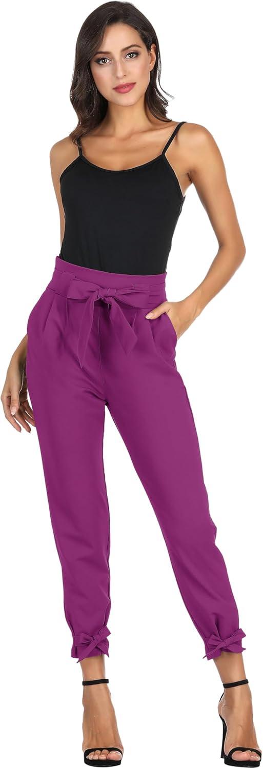 imageGRACE KARIN Womens Casual High Waist Pencil Pants with Pockets BowKnot Cropped Paper Bag Pants for WorkFuchsia