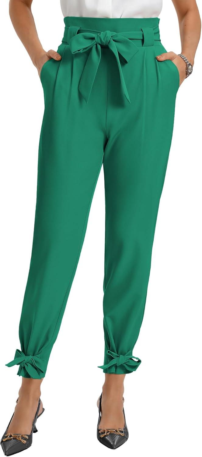 imageGRACE KARIN Womens Casual High Waist Pencil Pants with Pockets BowKnot Cropped Paper Bag Pants for WorkGreen