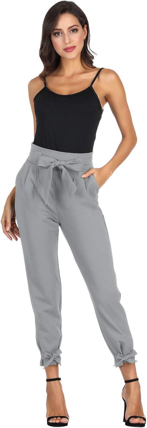 imageGRACE KARIN Womens Casual High Waist Pencil Pants with Pockets BowKnot Cropped Paper Bag Pants for WorkLight Gray