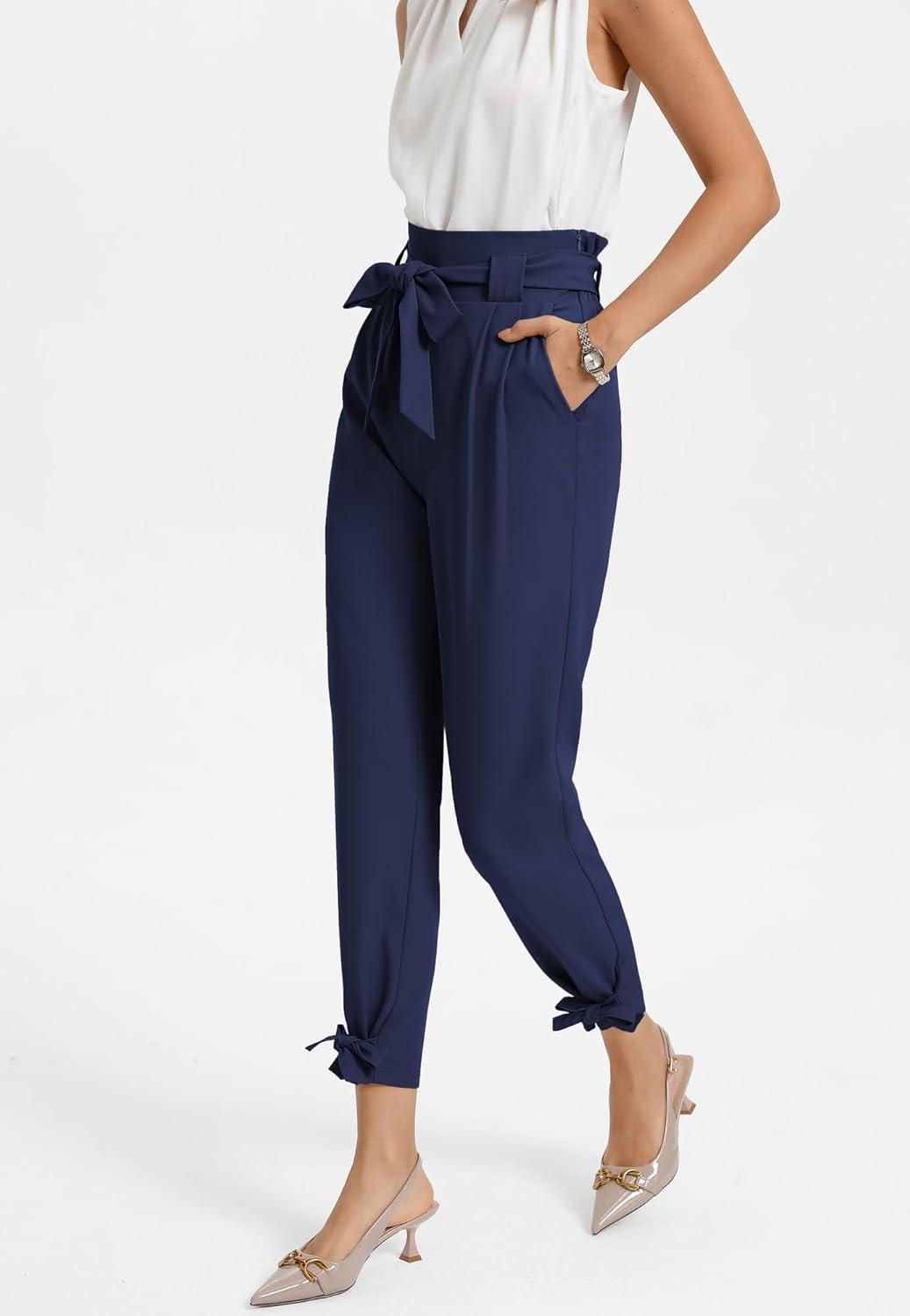 imageGRACE KARIN Womens Casual High Waist Pencil Pants with Pockets BowKnot Cropped Paper Bag Pants for WorkNavy Blue