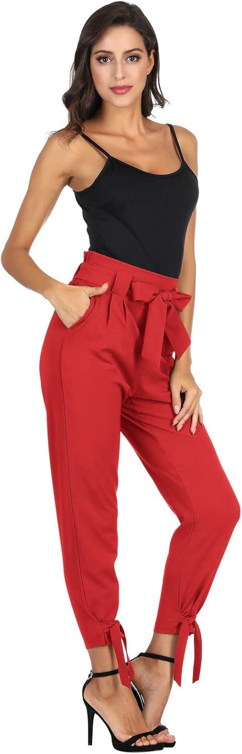 imageGRACE KARIN Womens Casual High Waist Pencil Pants with Pockets BowKnot Cropped Paper Bag Pants for WorkRed
