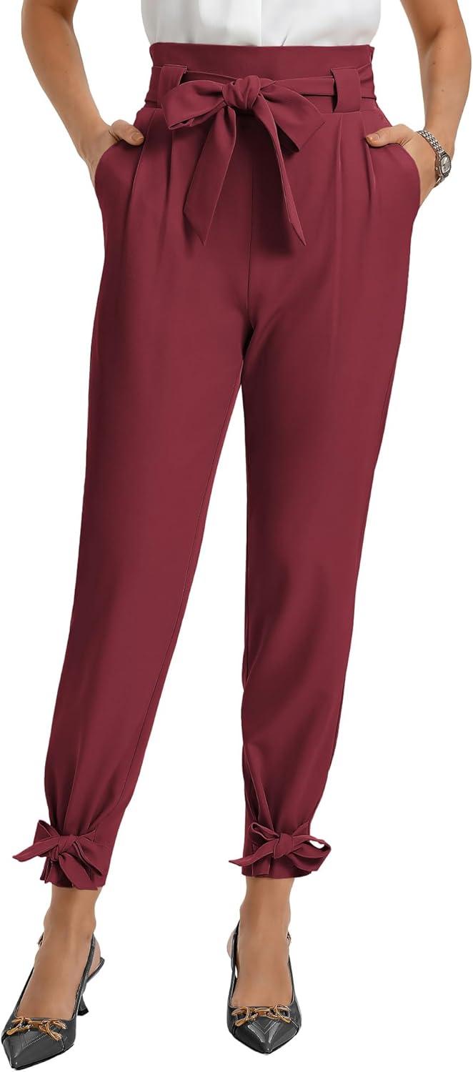 imageGRACE KARIN Womens Casual High Waist Pencil Pants with Pockets BowKnot Cropped Paper Bag Pants for WorkWine