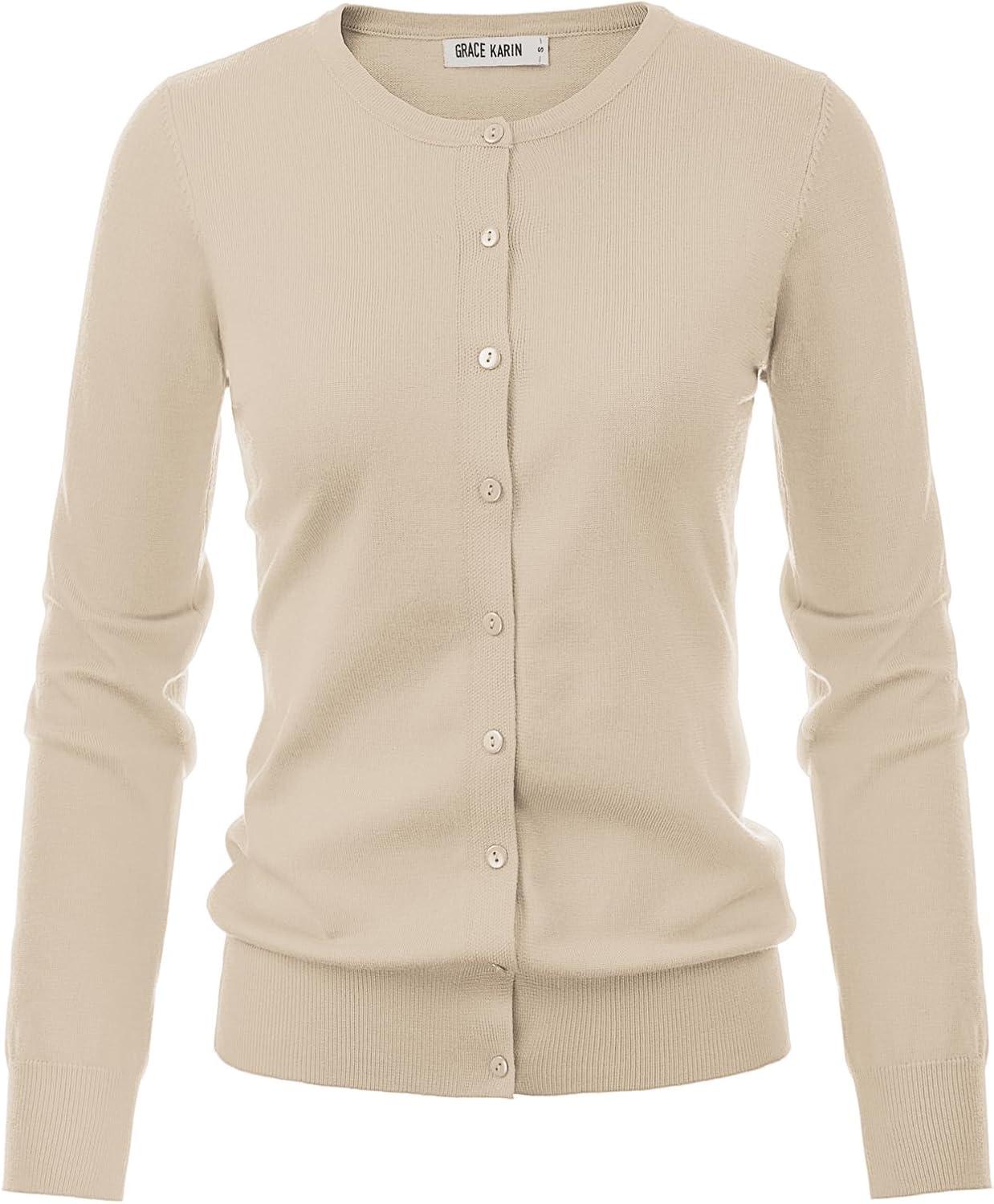 imageGRACE KARIN Womens Classic Long Sleeve Knit Cardigan Sweaters Casual Open Front Button Down Cardigans S3XLBeige