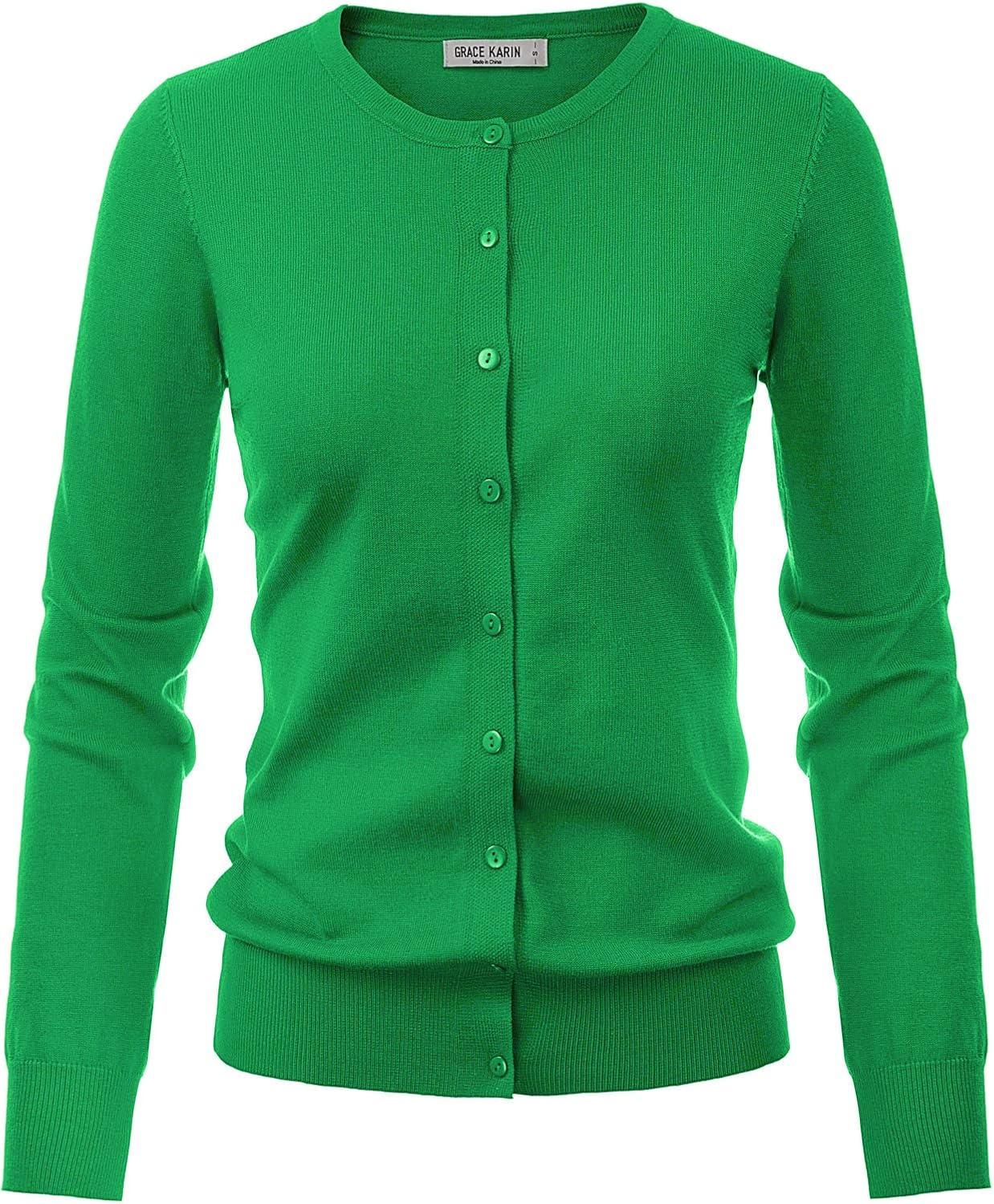 imageGRACE KARIN Womens Classic Long Sleeve Knit Cardigan Sweaters Casual Open Front Button Down Cardigans S3XLGreen