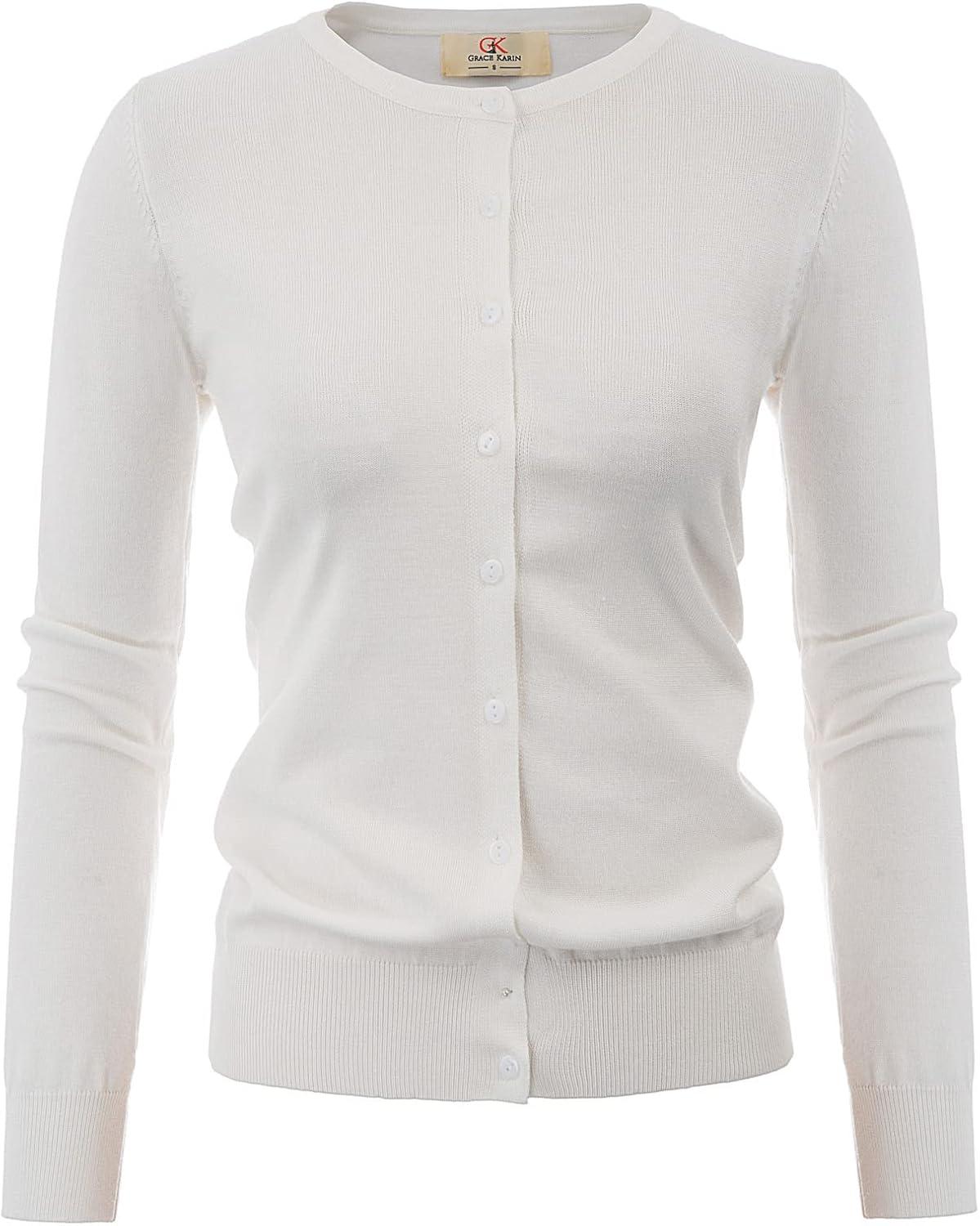 imageGRACE KARIN Womens Classic Long Sleeve Knit Cardigan Sweaters Casual Open Front Button Down Cardigans S3XLIvory White