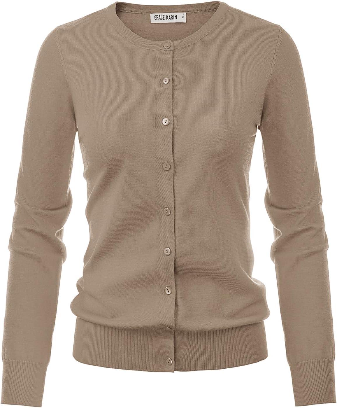imageGRACE KARIN Womens Classic Long Sleeve Knit Cardigan Sweaters Casual Open Front Button Down Cardigans S3XLKhaki