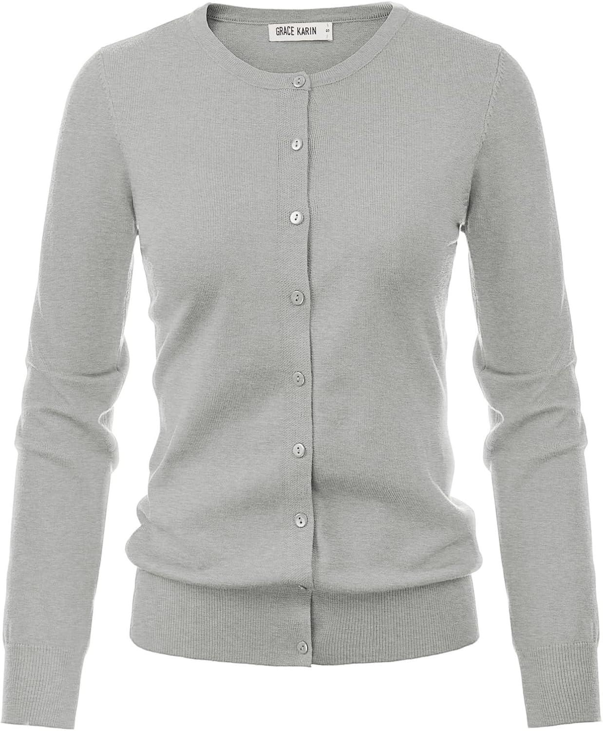 imageGRACE KARIN Womens Classic Long Sleeve Knit Cardigan Sweaters Casual Open Front Button Down Cardigans S3XLLight Heather Gray