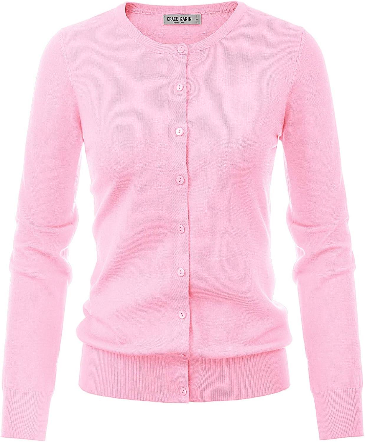 imageGRACE KARIN Womens Classic Long Sleeve Knit Cardigan Sweaters Casual Open Front Button Down Cardigans S3XLPink