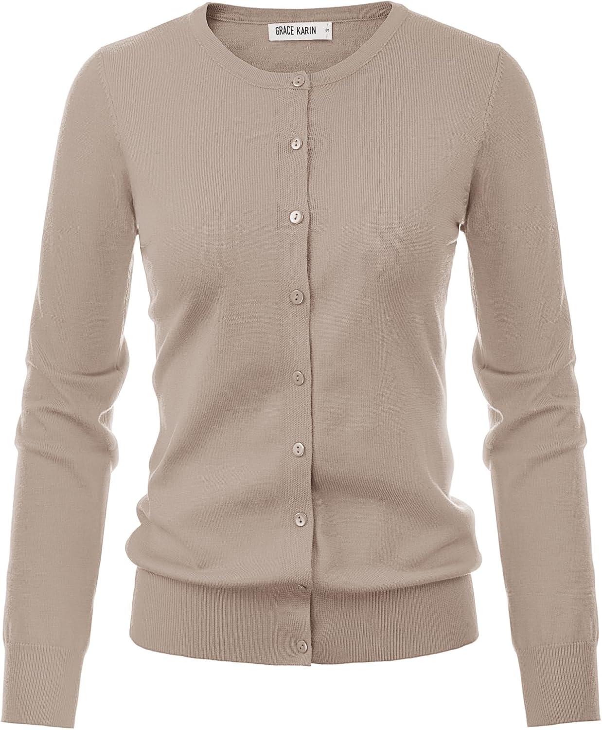 imageGRACE KARIN Womens Classic Long Sleeve Knit Cardigan Sweaters Casual Open Front Button Down Cardigans S3XLTan