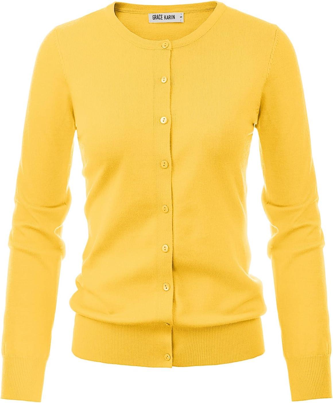 imageGRACE KARIN Womens Classic Long Sleeve Knit Cardigan Sweaters Casual Open Front Button Down Cardigans S3XLYellow