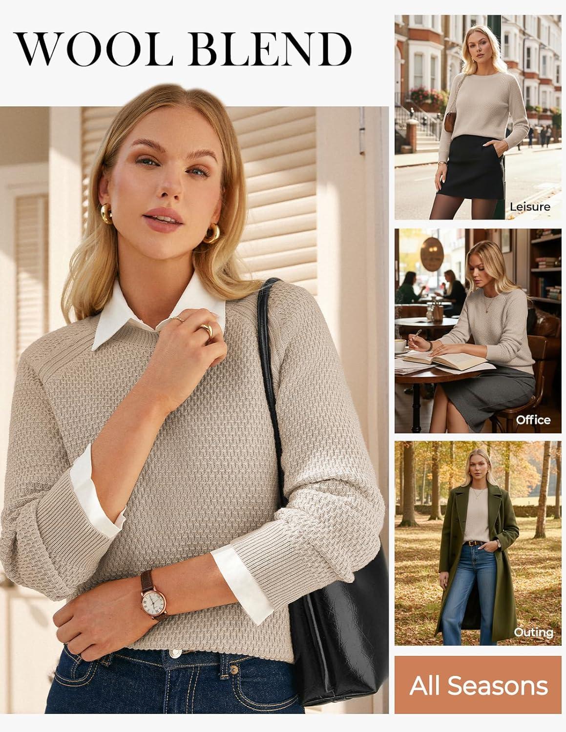 imageGRACE KARIN Womens Fall Knit Sweater Top Long Sleeve Merino Wool Blend Pullover Casual Crewneck Waffle Clothes 2025Apricot
