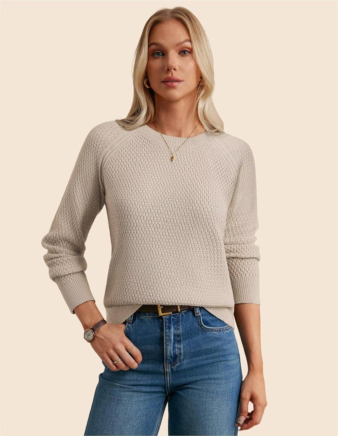 imageGRACE KARIN Womens Fall Knit Sweater Top Long Sleeve Merino Wool Blend Pullover Casual Crewneck Waffle Clothes 2025Apricot
