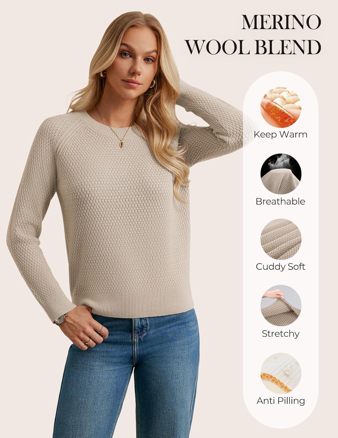 imageGRACE KARIN Womens Fall Knit Sweater Top Long Sleeve Merino Wool Blend Pullover Casual Crewneck Waffle Clothes 2025Apricot