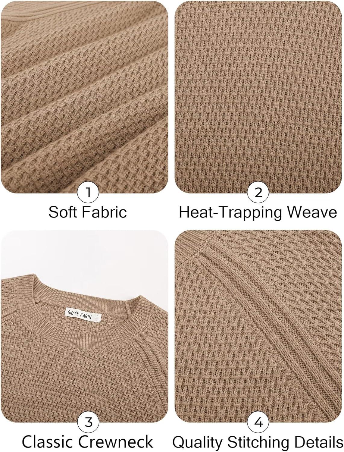 imageGRACE KARIN Womens Fall Knit Sweater Top Long Sleeve Merino Wool Blend Pullover Casual Crewneck Waffle Clothes 2025Camel