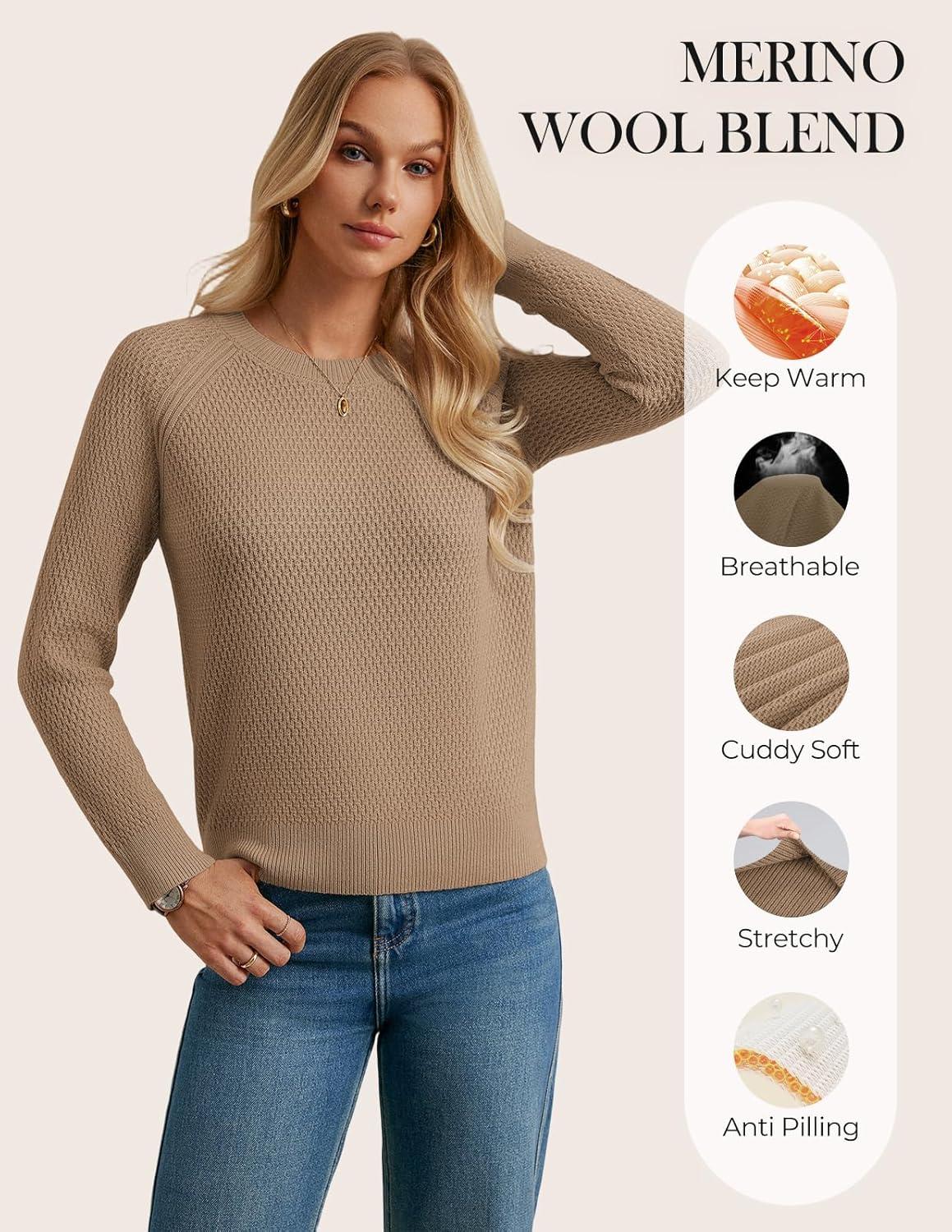 imageGRACE KARIN Womens Fall Knit Sweater Top Long Sleeve Merino Wool Blend Pullover Casual Crewneck Waffle Clothes 2025Camel