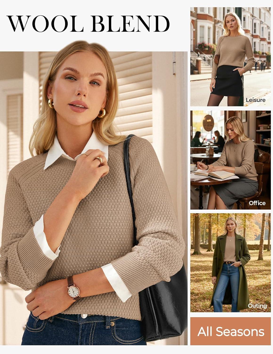 imageGRACE KARIN Womens Fall Knit Sweater Top Long Sleeve Merino Wool Blend Pullover Casual Crewneck Waffle Clothes 2025Camel