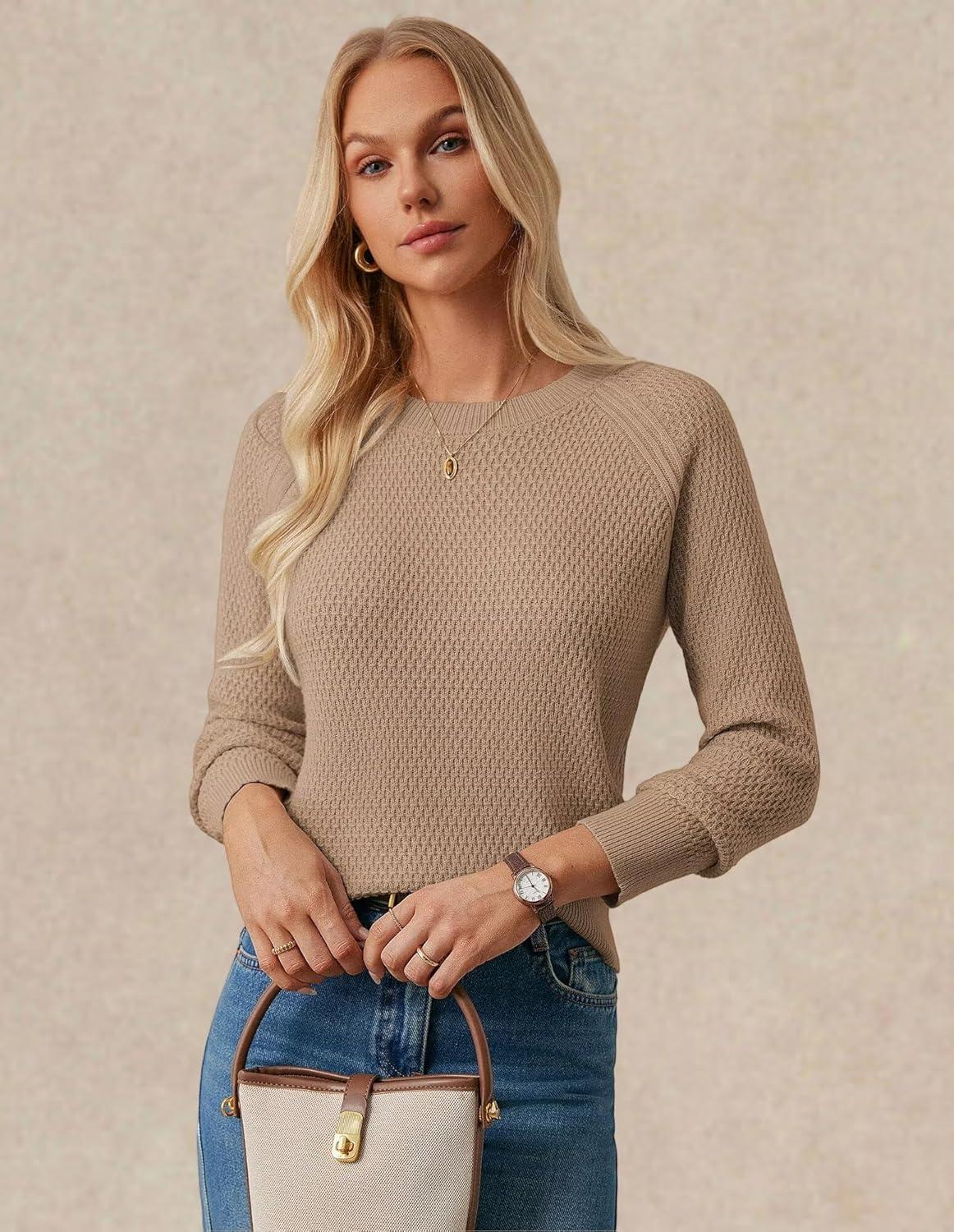 imageGRACE KARIN Womens Fall Knit Sweater Top Long Sleeve Merino Wool Blend Pullover Casual Crewneck Waffle Clothes 2025Camel