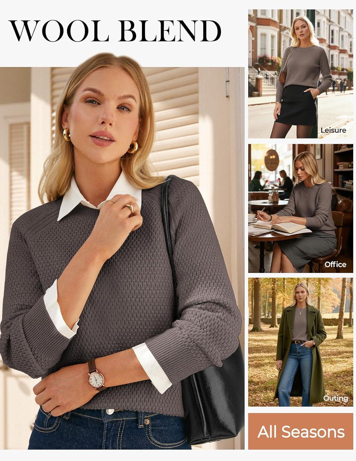 imageGRACE KARIN Womens Fall Knit Sweater Top Long Sleeve Merino Wool Blend Pullover Casual Crewneck Waffle Clothes 2025Coffee