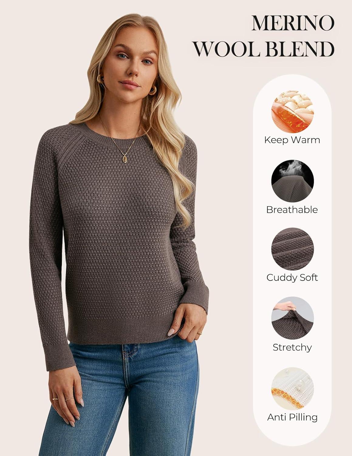 imageGRACE KARIN Womens Fall Knit Sweater Top Long Sleeve Merino Wool Blend Pullover Casual Crewneck Waffle Clothes 2025Coffee