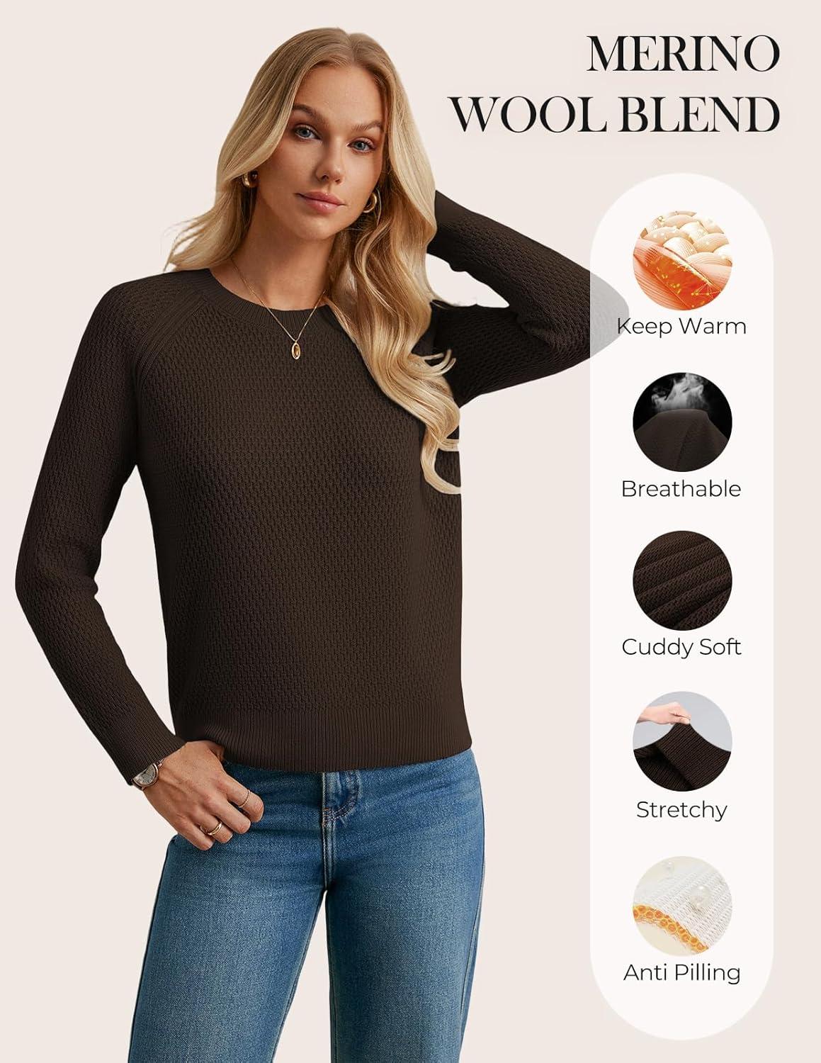 imageGRACE KARIN Womens Fall Knit Sweater Top Long Sleeve Merino Wool Blend Pullover Casual Crewneck Waffle Clothes 2025Deep Brown