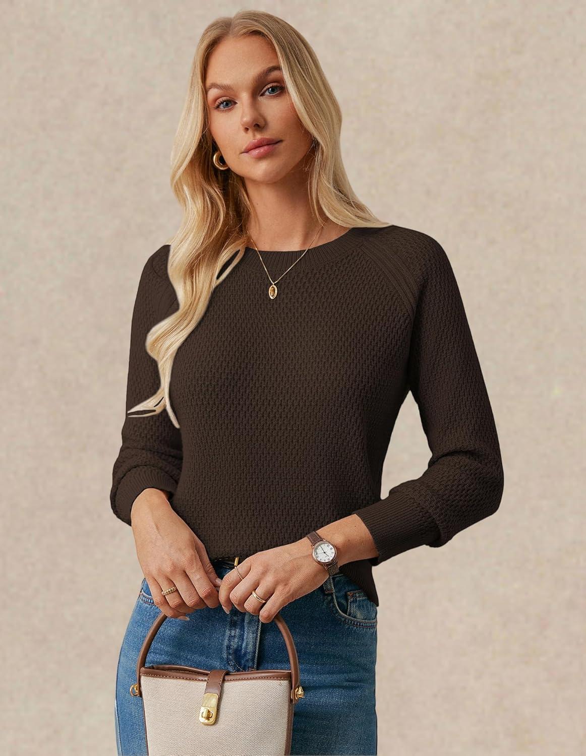 imageGRACE KARIN Womens Fall Knit Sweater Top Long Sleeve Merino Wool Blend Pullover Casual Crewneck Waffle Clothes 2025Deep Brown