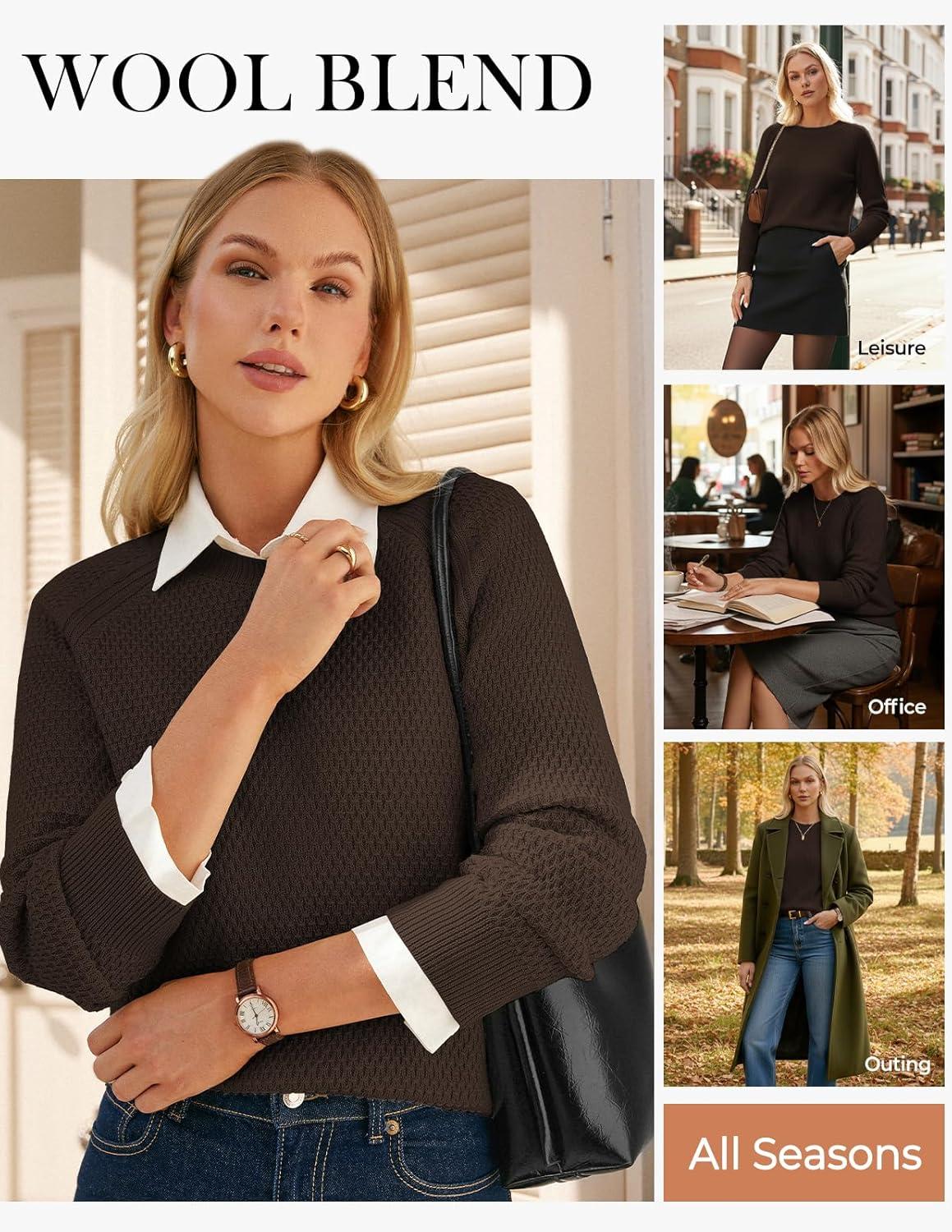 imageGRACE KARIN Womens Fall Knit Sweater Top Long Sleeve Merino Wool Blend Pullover Casual Crewneck Waffle Clothes 2025Deep Brown