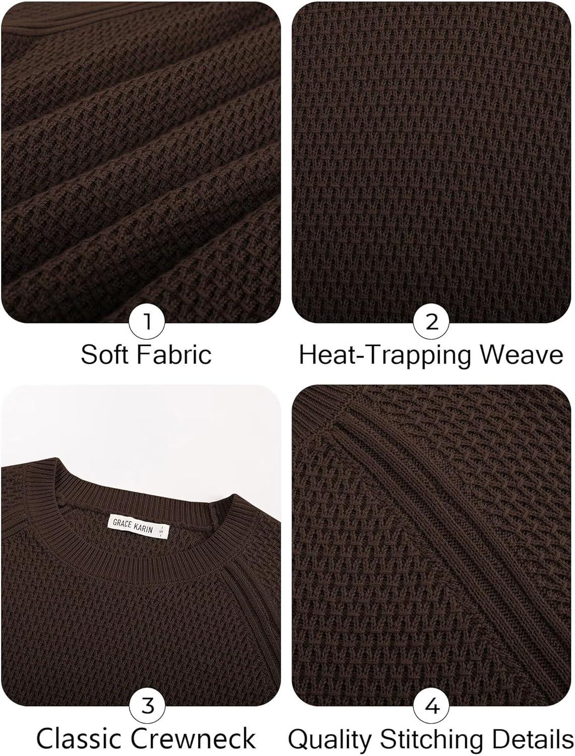 imageGRACE KARIN Womens Fall Knit Sweater Top Long Sleeve Merino Wool Blend Pullover Casual Crewneck Waffle Clothes 2025Deep Brown