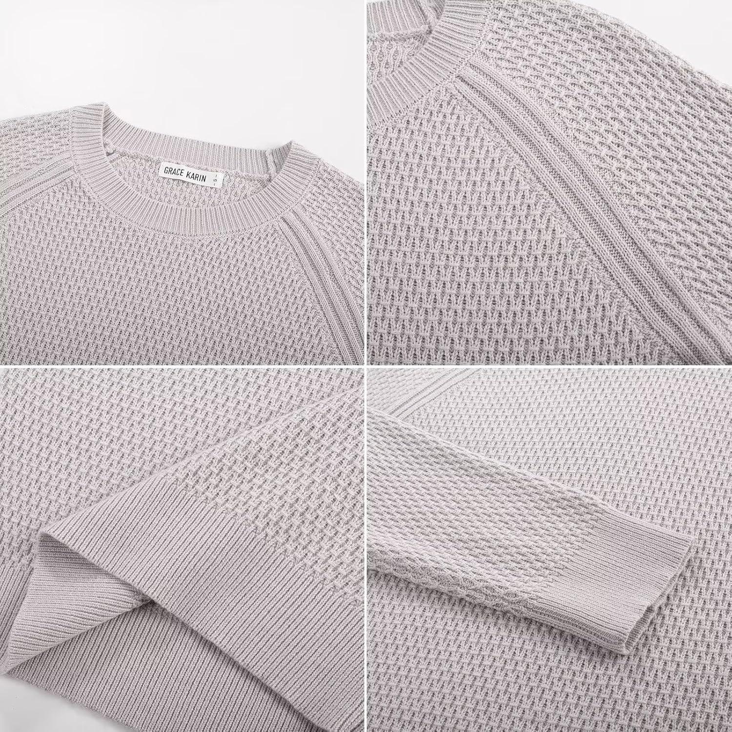imageGRACE KARIN Womens Fall Knit Sweater Top Long Sleeve Merino Wool Blend Pullover Casual Crewneck Waffle Clothes 2025Grey