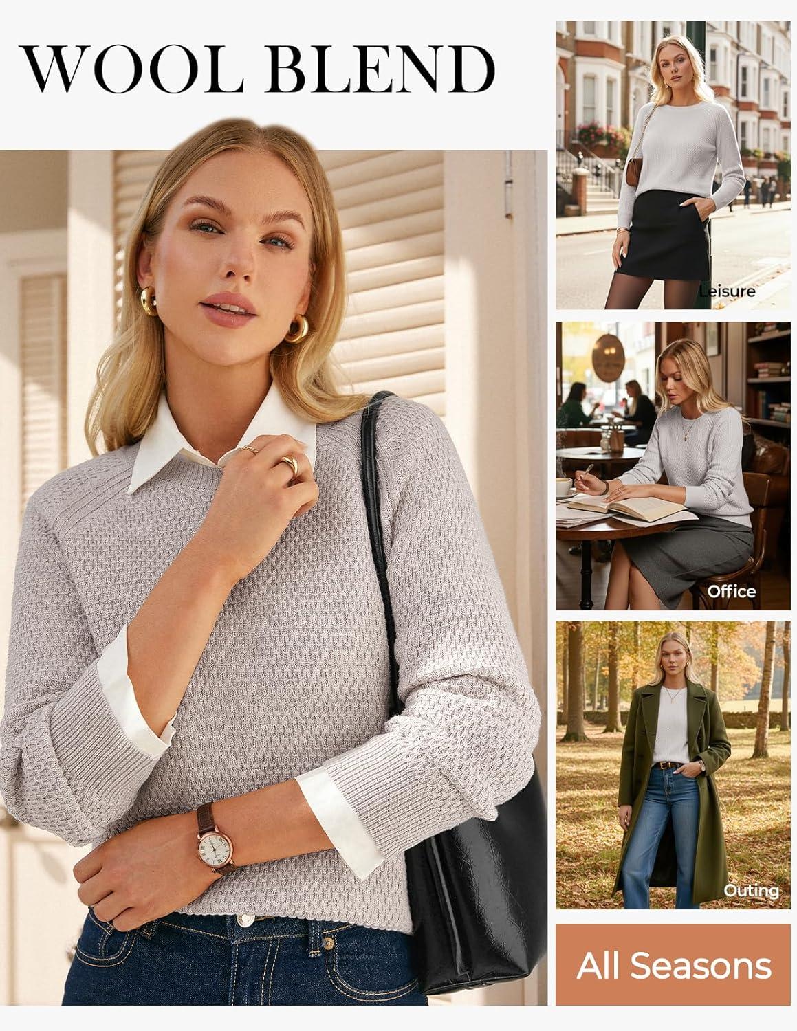 imageGRACE KARIN Womens Fall Knit Sweater Top Long Sleeve Merino Wool Blend Pullover Casual Crewneck Waffle Clothes 2025Grey