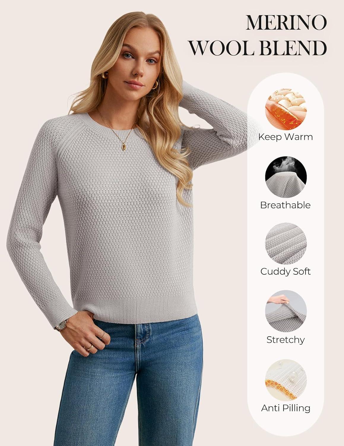 imageGRACE KARIN Womens Fall Knit Sweater Top Long Sleeve Merino Wool Blend Pullover Casual Crewneck Waffle Clothes 2025Grey