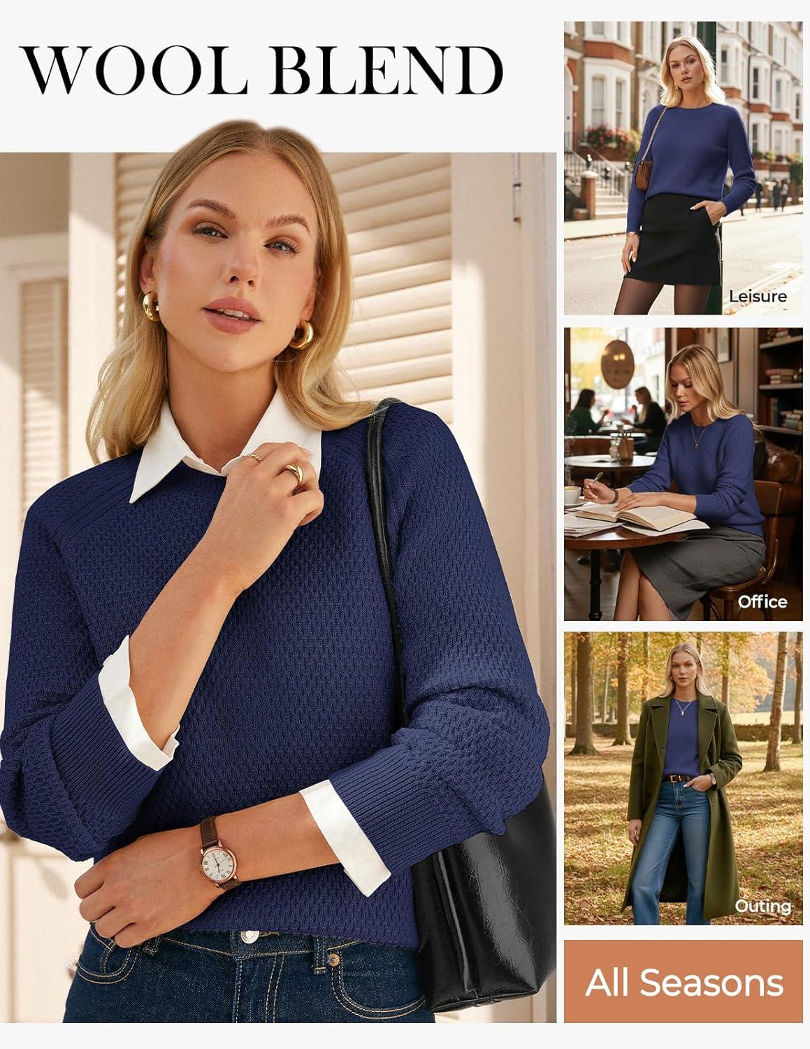 imageGRACE KARIN Womens Fall Knit Sweater Top Long Sleeve Merino Wool Blend Pullover Casual Crewneck Waffle Clothes 2025Navy Blue