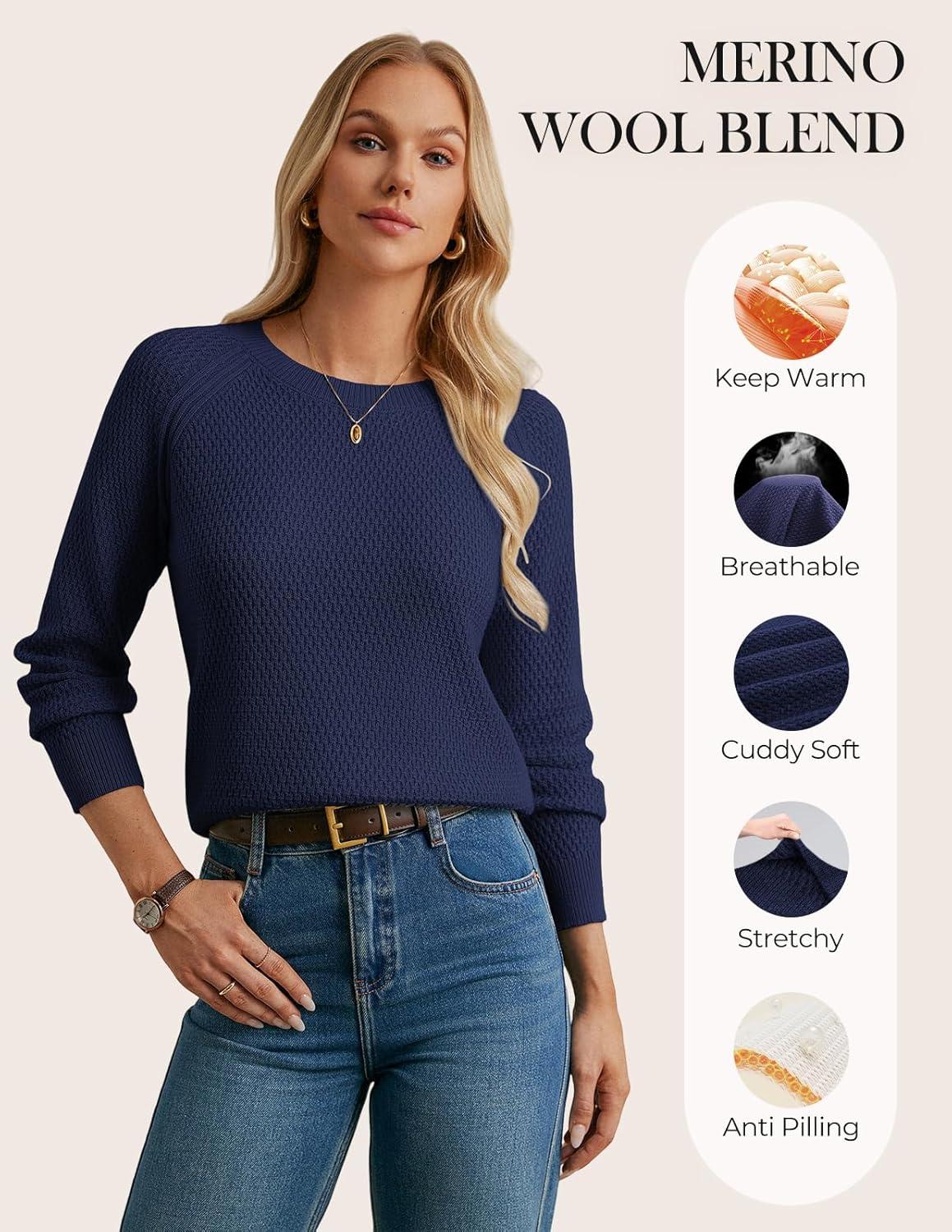 imageGRACE KARIN Womens Fall Knit Sweater Top Long Sleeve Merino Wool Blend Pullover Casual Crewneck Waffle Clothes 2025Navy Blue