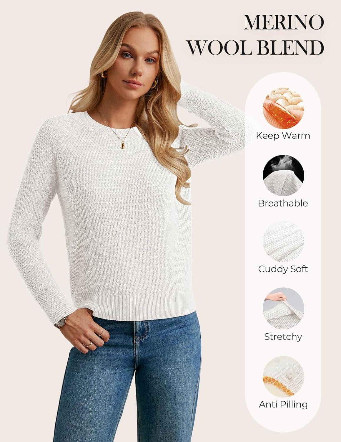 imageGRACE KARIN Womens Fall Knit Sweater Top Long Sleeve Merino Wool Blend Pullover Casual Crewneck Waffle Clothes 2025White