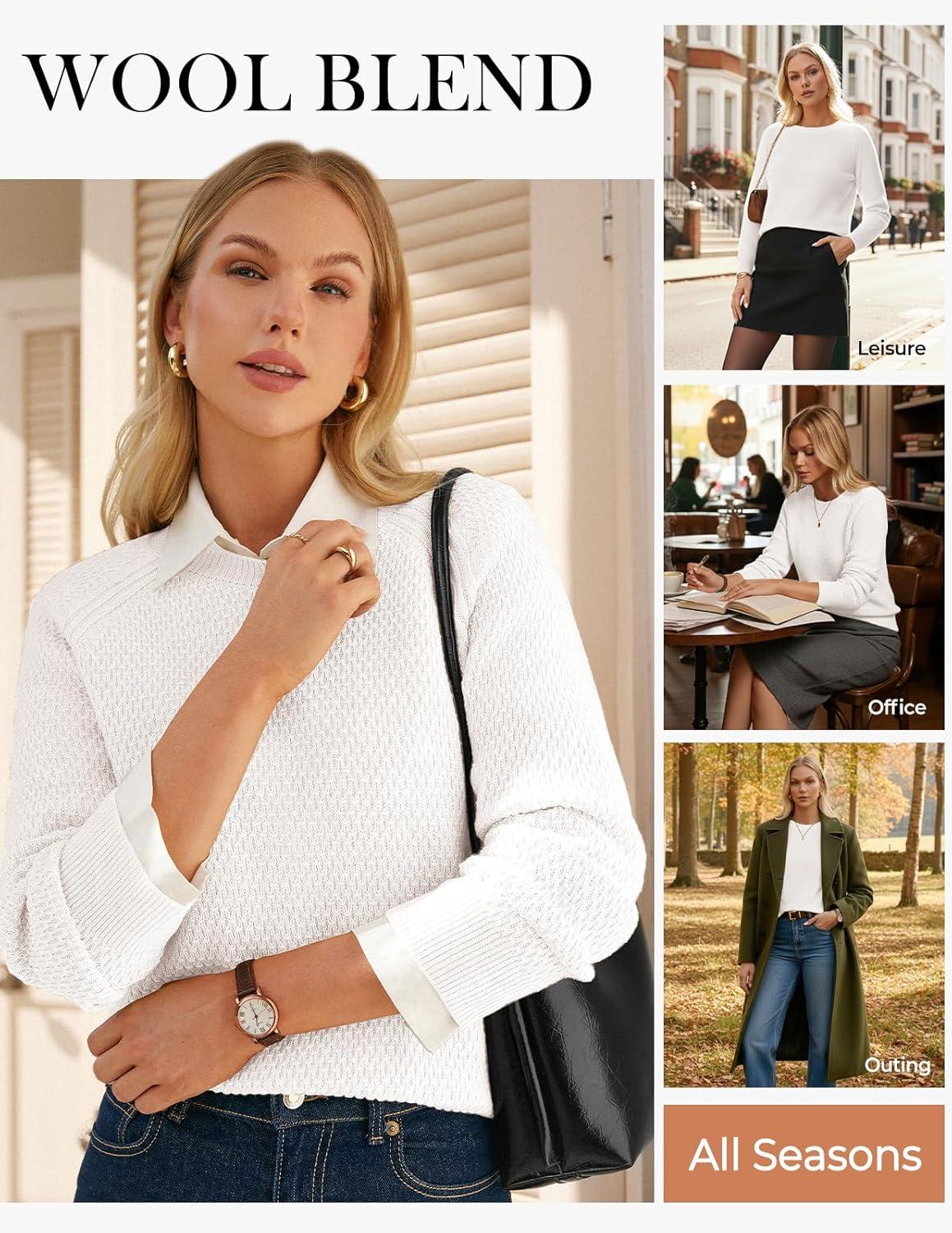 imageGRACE KARIN Womens Fall Knit Sweater Top Long Sleeve Merino Wool Blend Pullover Casual Crewneck Waffle Clothes 2025White