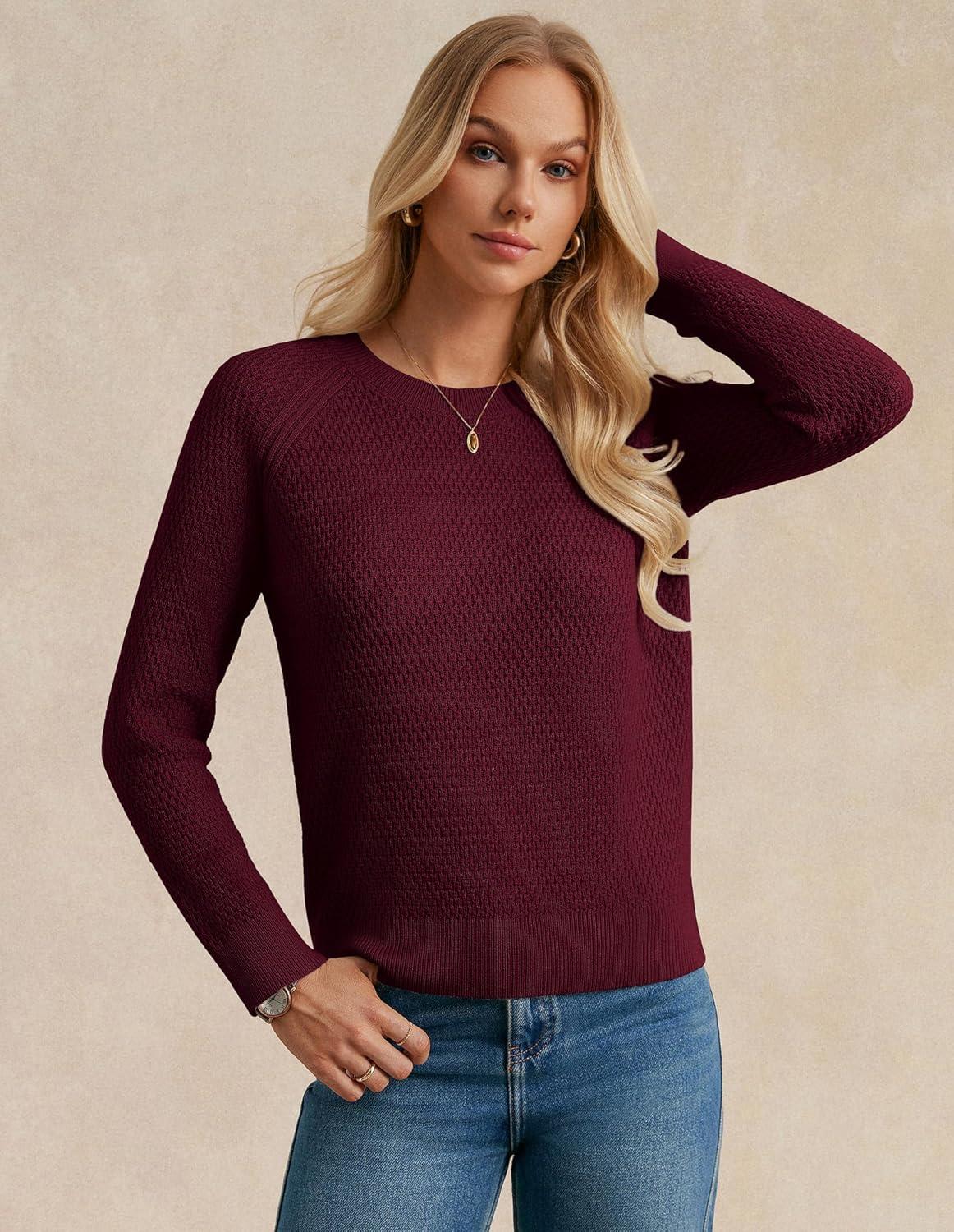 imageGRACE KARIN Womens Fall Knit Sweater Top Long Sleeve Merino Wool Blend Pullover Casual Crewneck Waffle Clothes 2025Wine Red