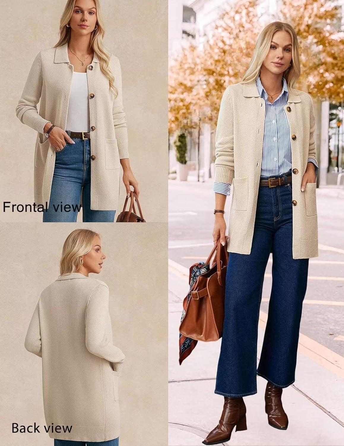imageGRACE KARIN Womens Fall Long Cardigan Sweaters with Pockets Button Knit Blazer Trendy Open Front Dressy Casual JacketApricot