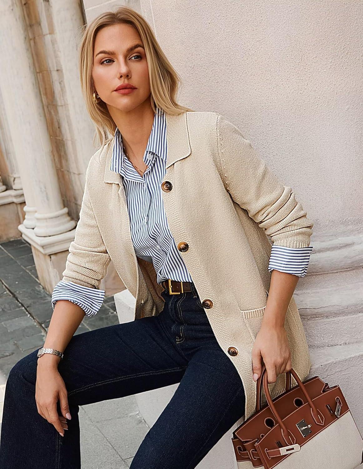 imageGRACE KARIN Womens Fall Long Cardigan Sweaters with Pockets Button Knit Blazer Trendy Open Front Dressy Casual JacketApricot