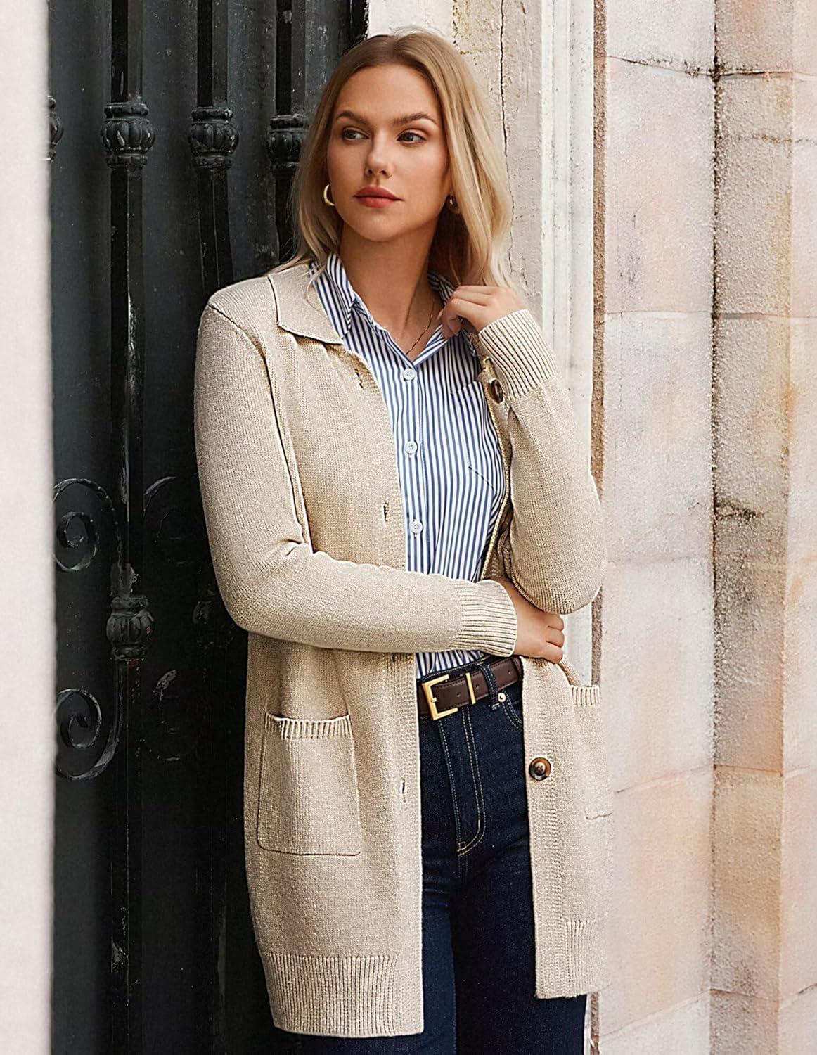 imageGRACE KARIN Womens Fall Long Cardigan Sweaters with Pockets Button Knit Blazer Trendy Open Front Dressy Casual JacketApricot